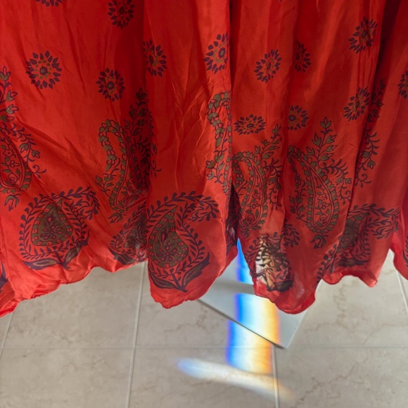 J Peterman Co Long Silk Full Boho Orange Artsy Design Skirt Tassel Tie 10 - Picture 3 of 5